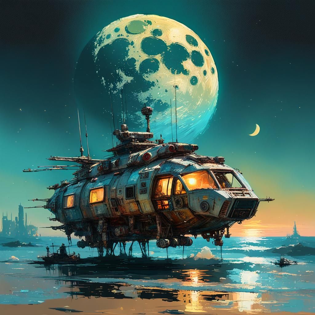Futuristic Space Vessel Under a Luminous Moon