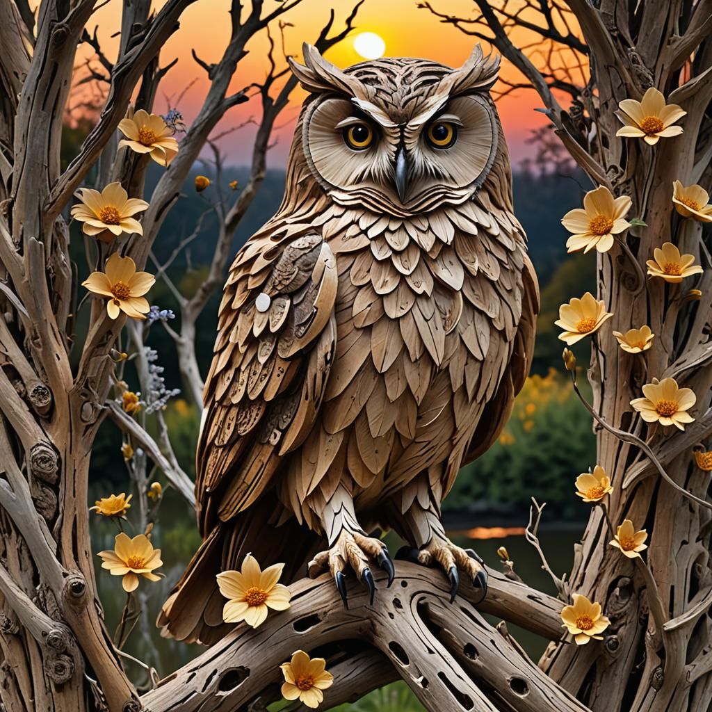 Driftwood Owl Sculpture at Sunset