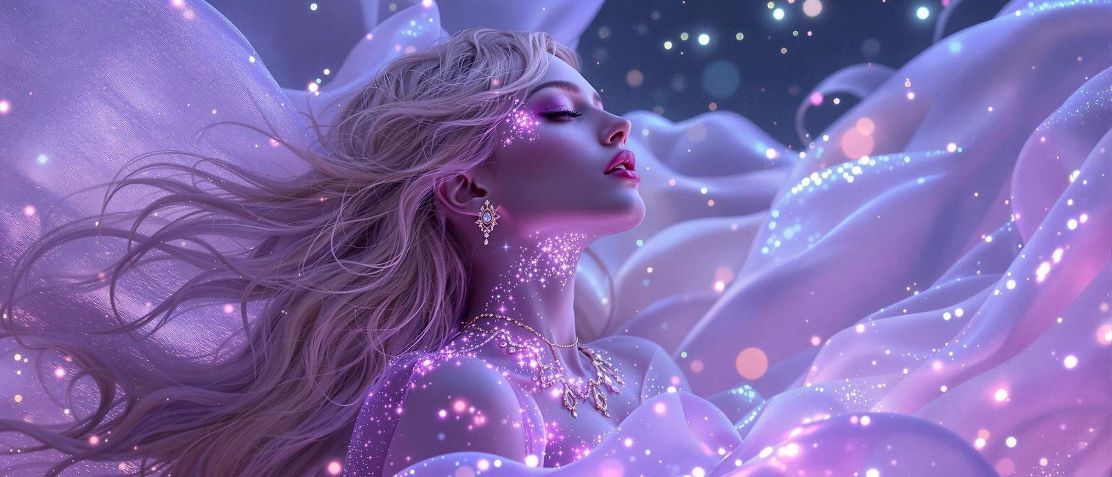 Ethereal Cyber-Organic Goddess in Regal Purple Aura