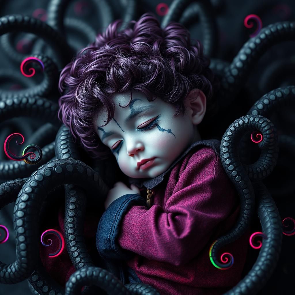 Harlequin Child Sleeping in Tentacles, Ultra-Realistic Image