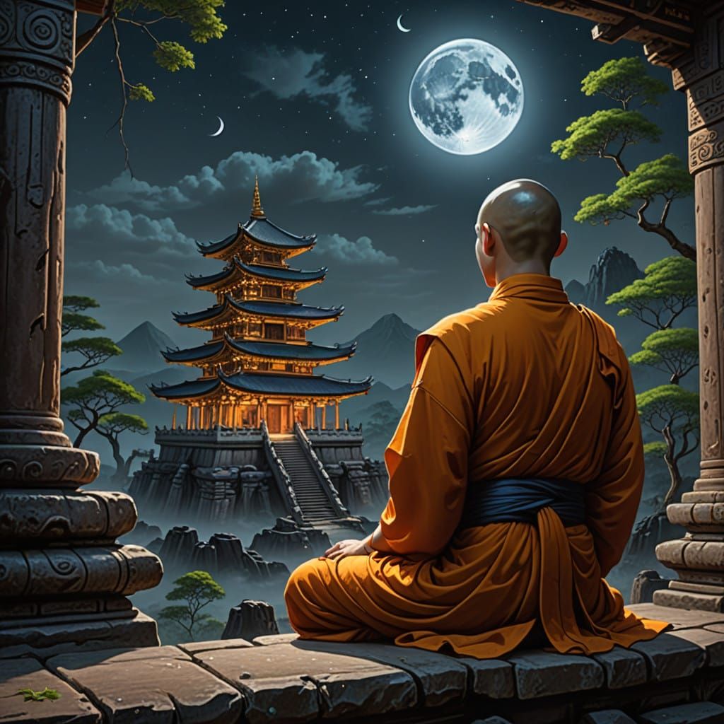 Surreal Asian Temple Ruins at Night