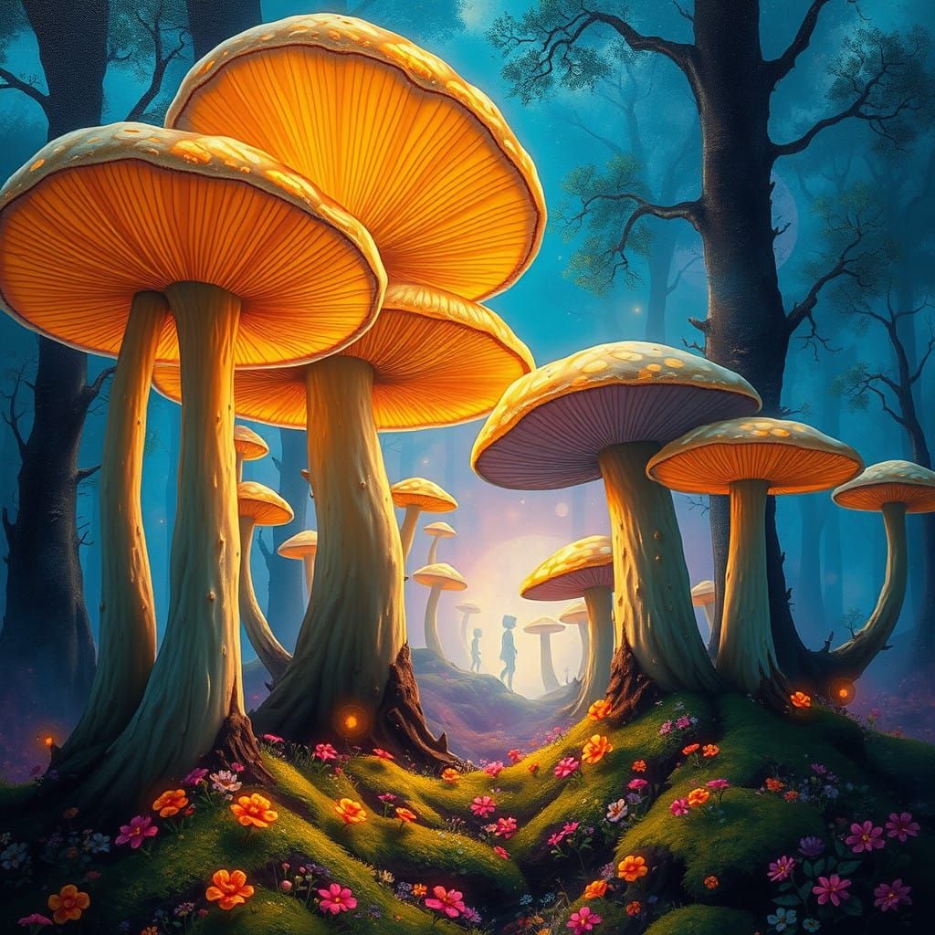 A Dreamlike Giant Mushroom Forest in Vibrant, Surreal Colors
