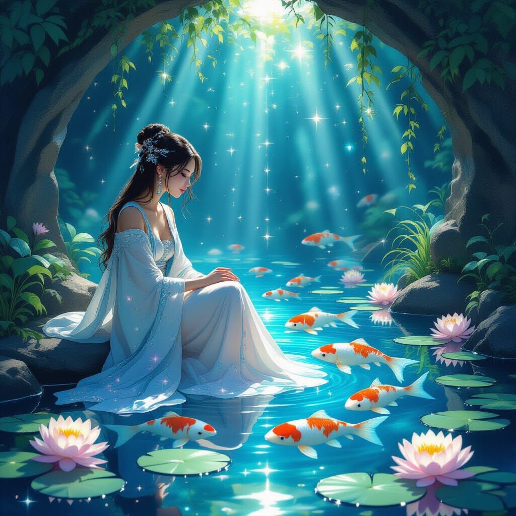 Celestial Koi Pond in Grotto, Art Nouveau Style