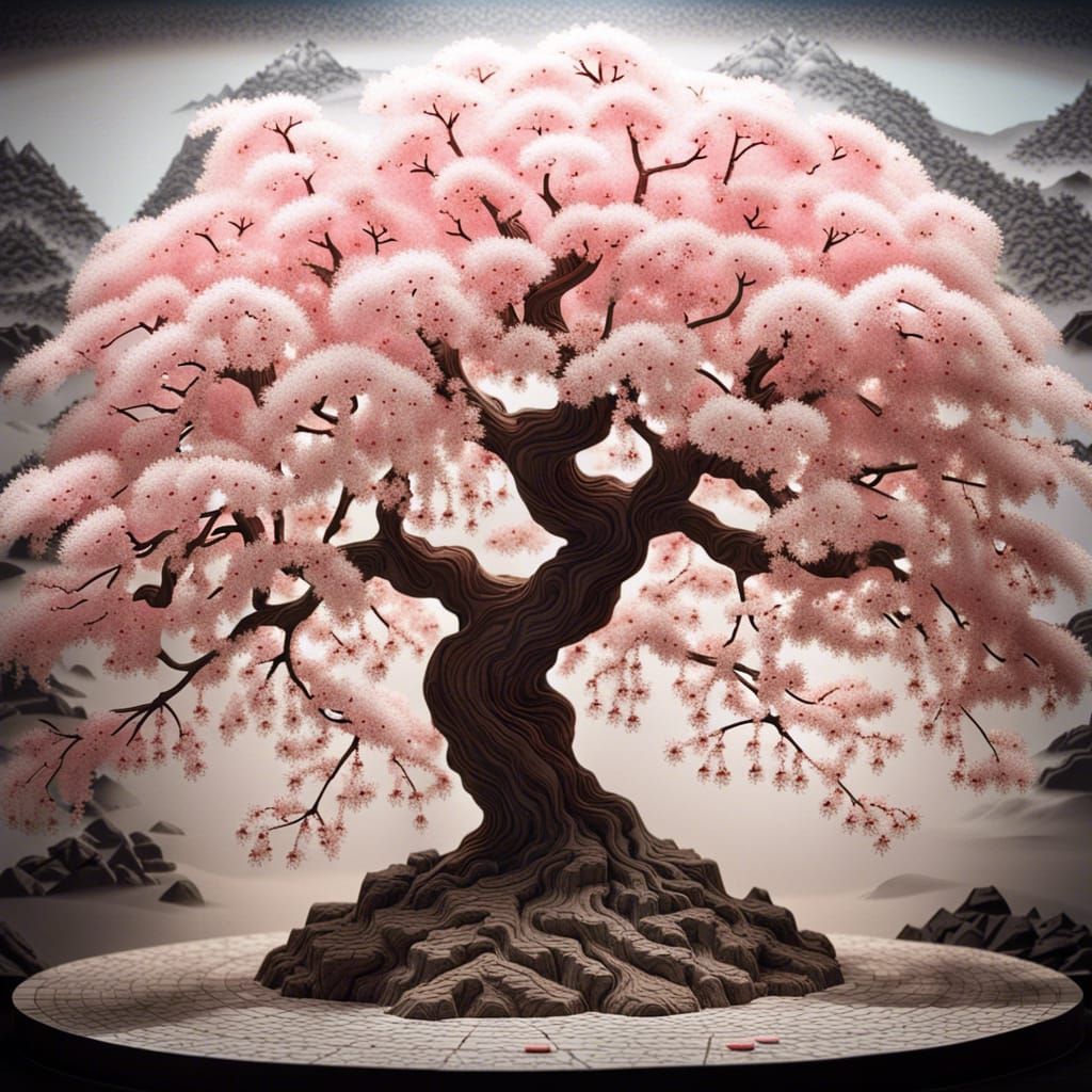 Paper Cherry Blossom Tree in Japanese Garden