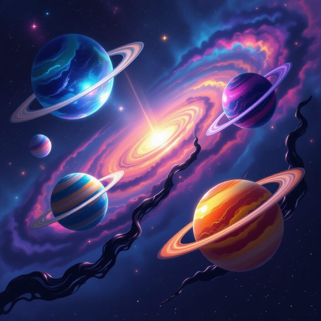 Cosmic Planets in Swirling Galaxy, Digital Matte Painting