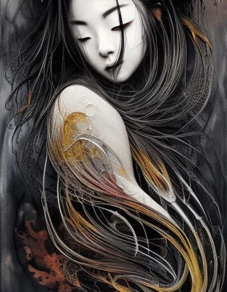 Elegant Geisha in Black Ink Flow