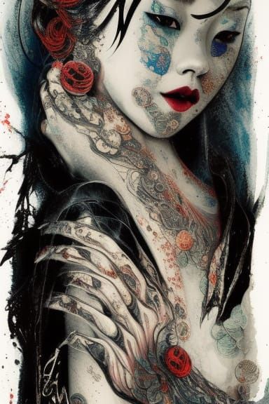 Elegant Geisha in Ink Wash Painting Style