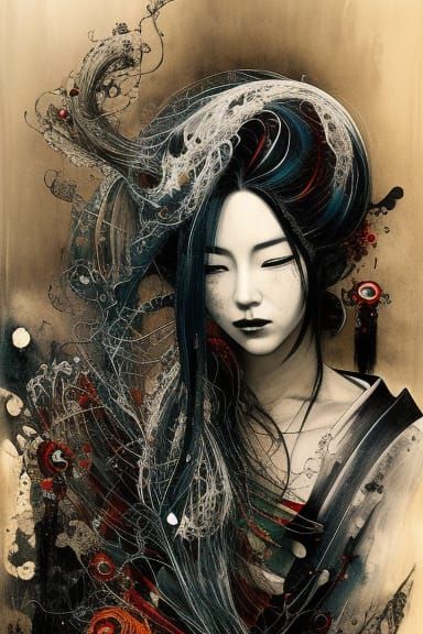 Elegant Geisha in Flowing Black Ink, Detailed Gouache Painti...