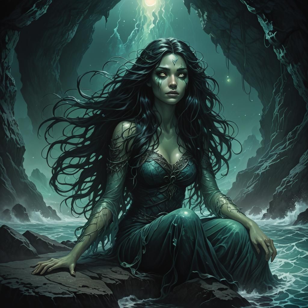 Eerie Siren in Ocean Cave: Dark Fantasy Art