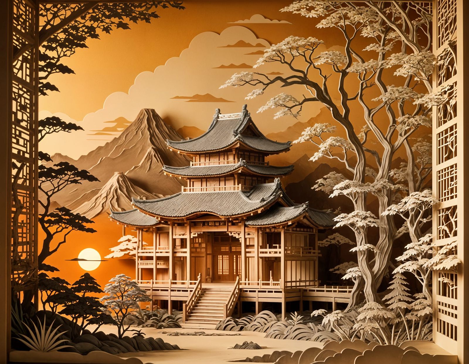 Japanese Temple Landscape in Kirigami Paper Art
