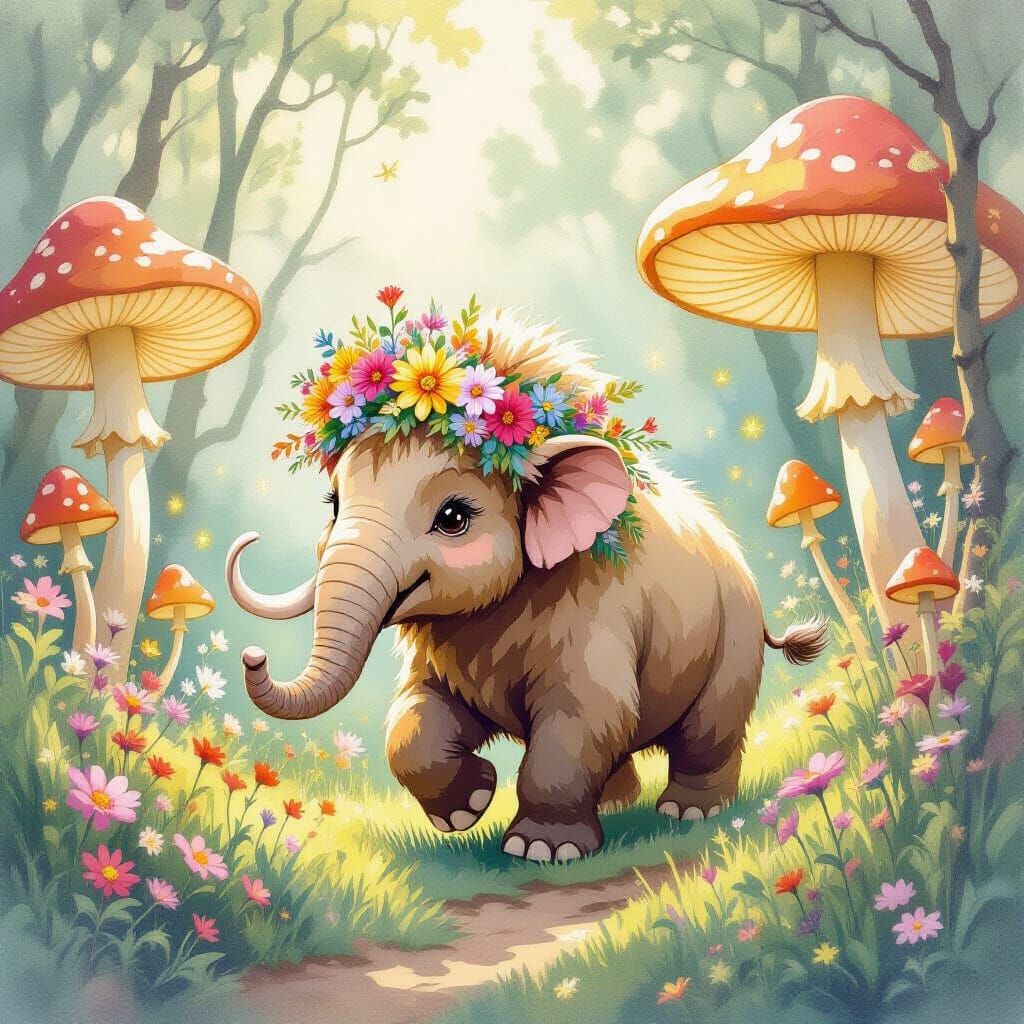 Whimsical Pygmy Mammoth in Glowing Mushroom Field