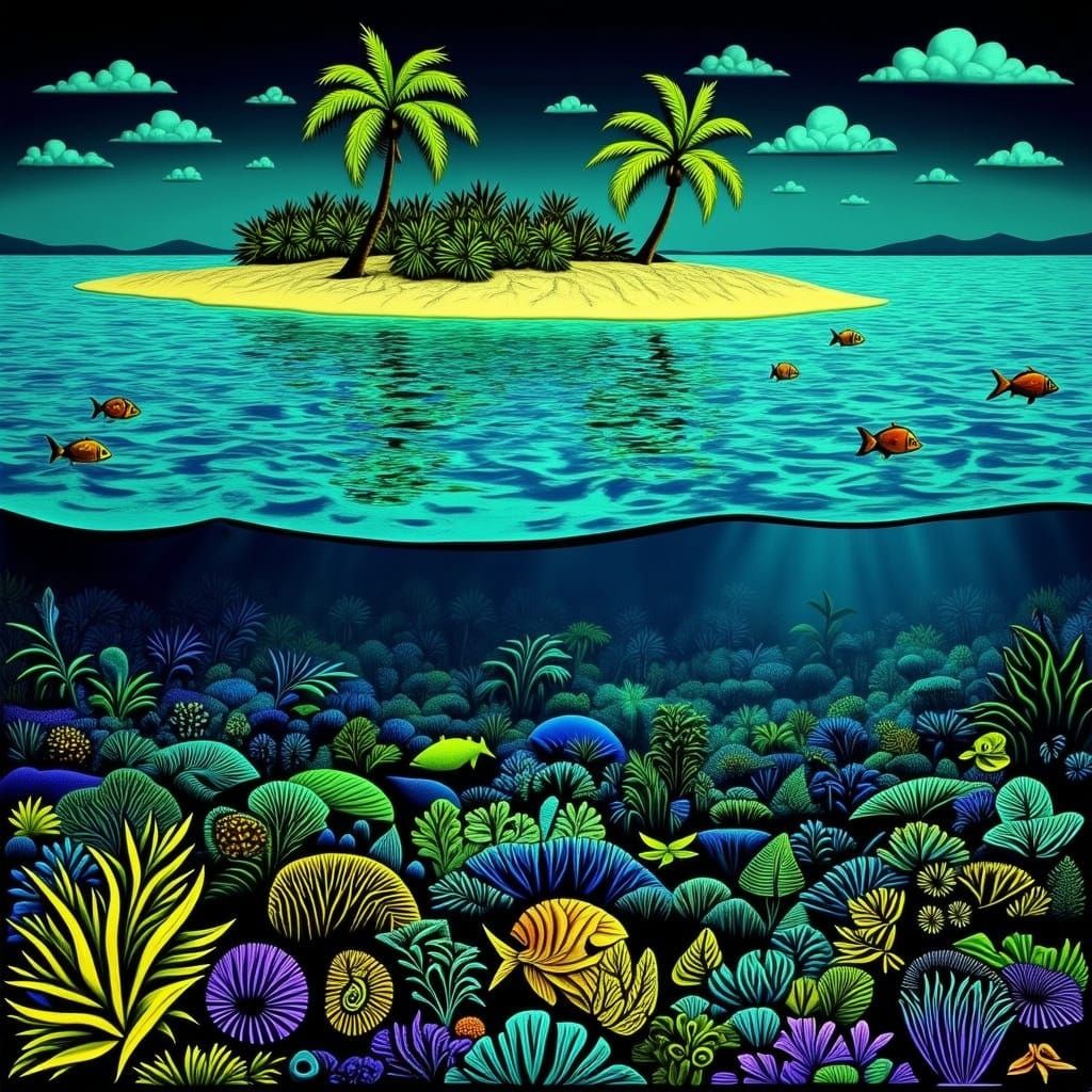 Vibrant Cubist Desert Island Scene