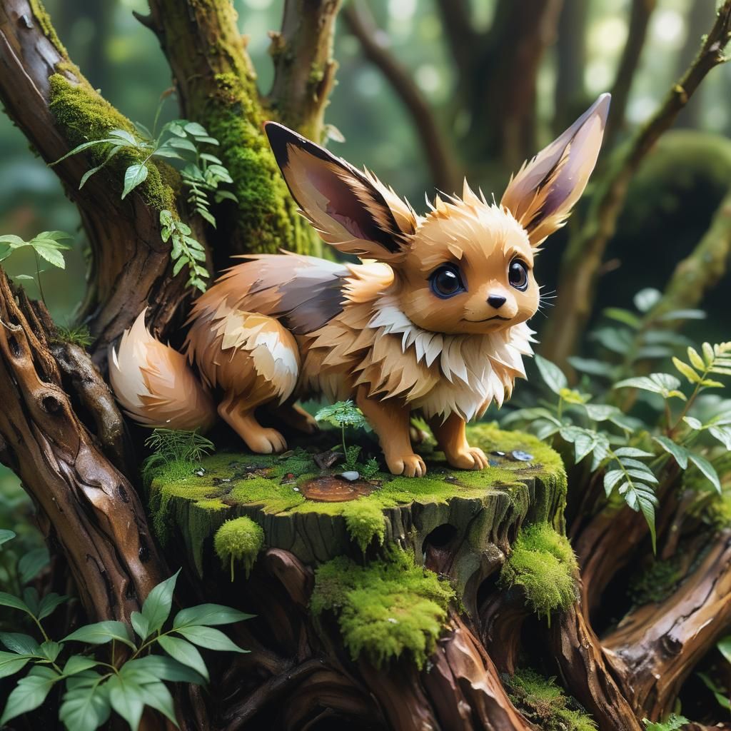 Eevee on Mossy Stump in Hyper-Realistic CG Style
