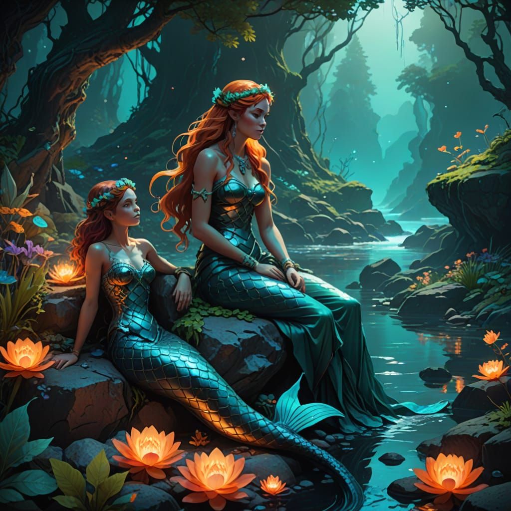 Ethereal Mermaid and Dryad in Vibrant Triadic Colors