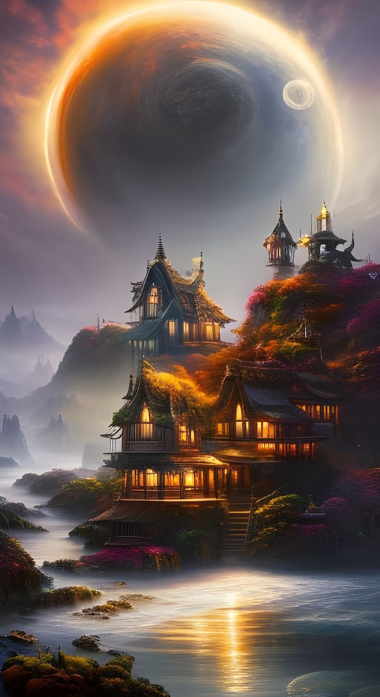 Clockpunk Bonsai Village Under Moonlit Sky