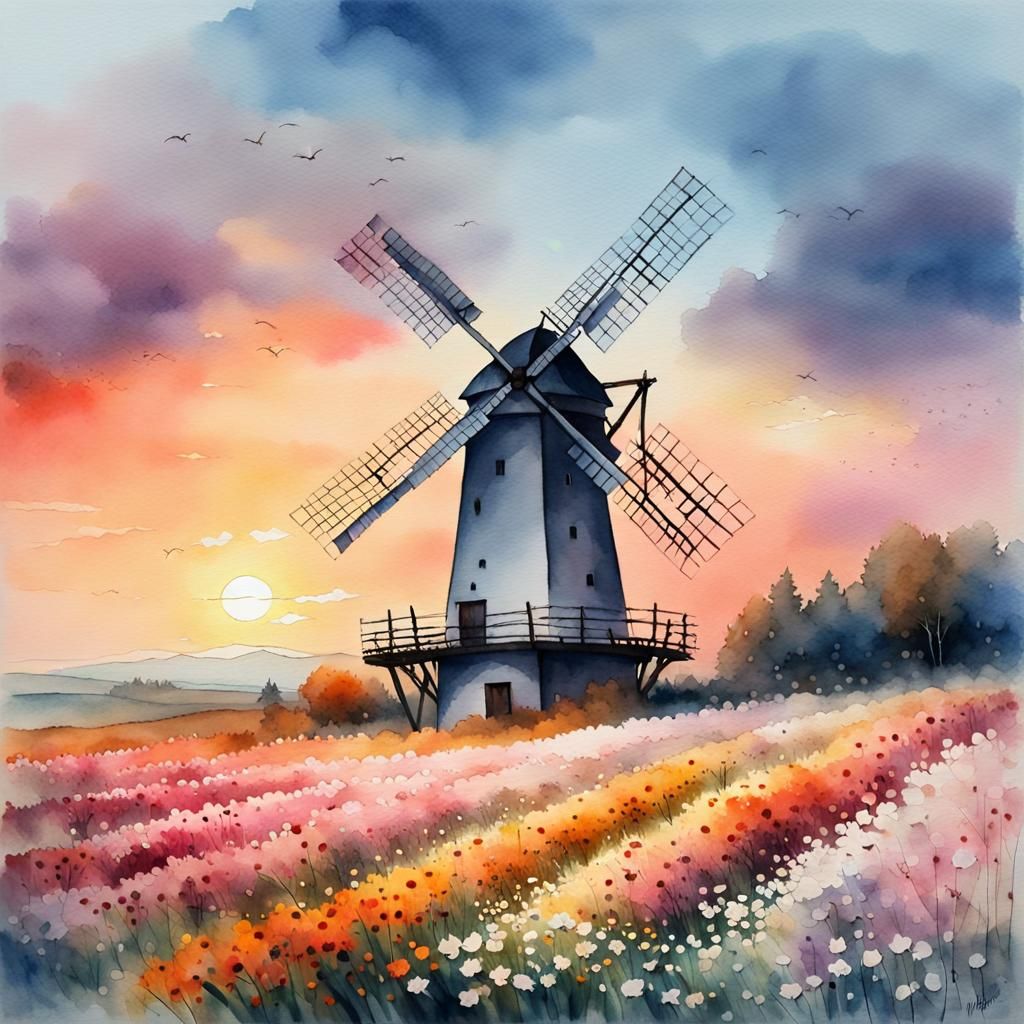 Windmill in Flower Field: Watercolor Painting