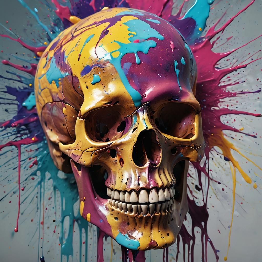Colorful Skull in Abstract Expressionist Ink Splatter Art