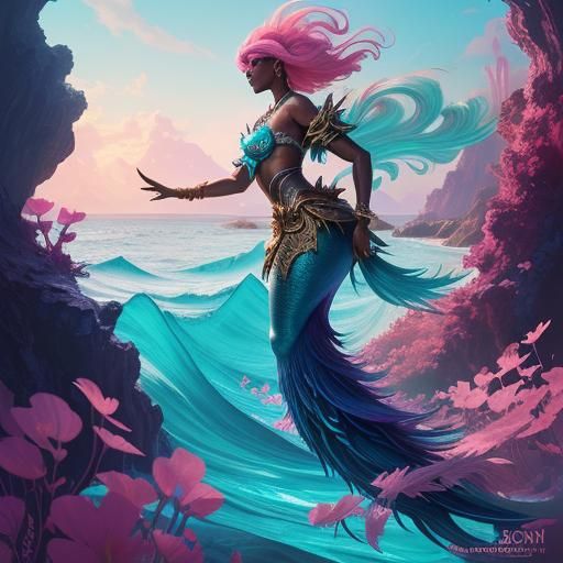 Mermaid with Pink Peacock Tail, Oil Painting Style