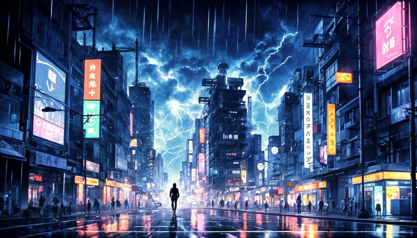 Cyberpunk Neo-Tokyo in Stormy Rain