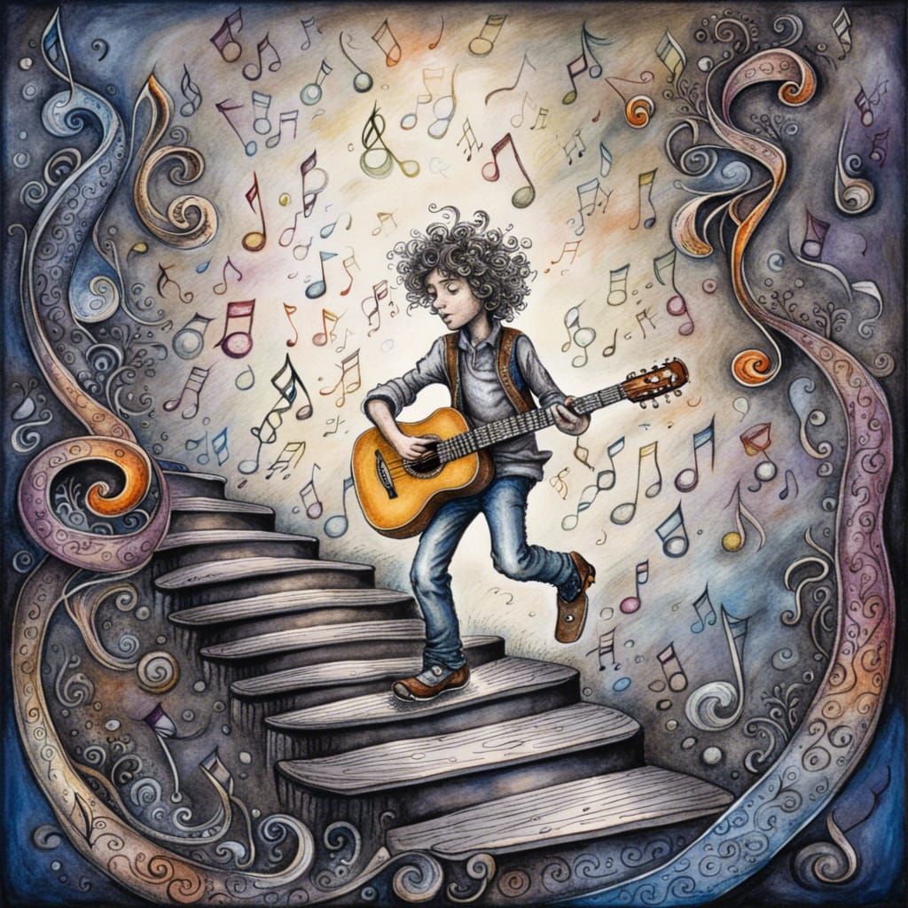 Whimsical Guitarist on Floating Music Note Staircase