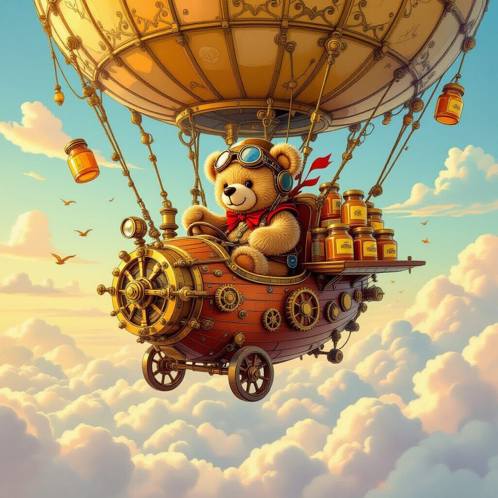 Steampunk Teddy Bear Pilot Dumps Honey Over Surreal Skies