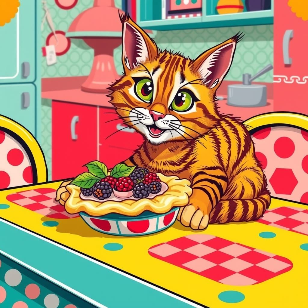 Whimsical Tabby Cat in Pop Art Kitchen Setting
