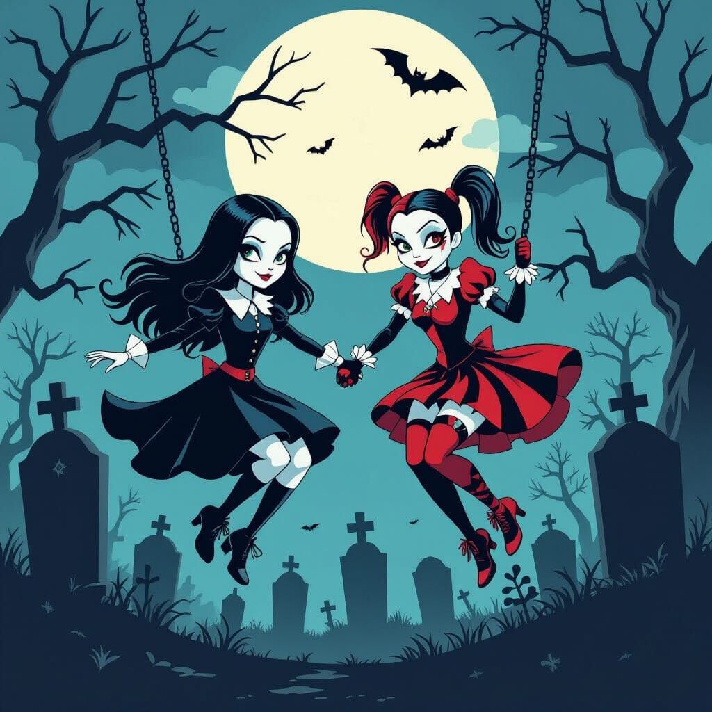 Wednesday and Harley Spooky Cemetery Swing in Burton Style