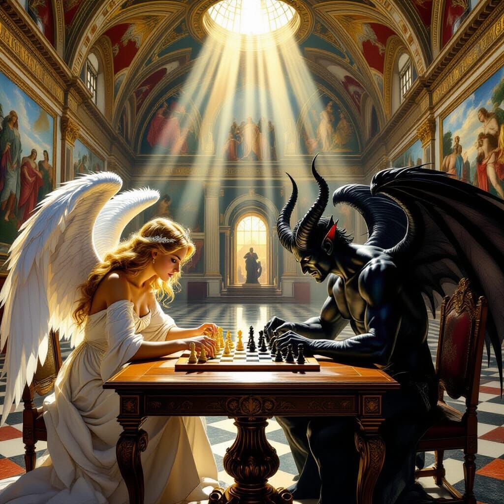 Angel and Demon Play Chess in Sistine Chapel