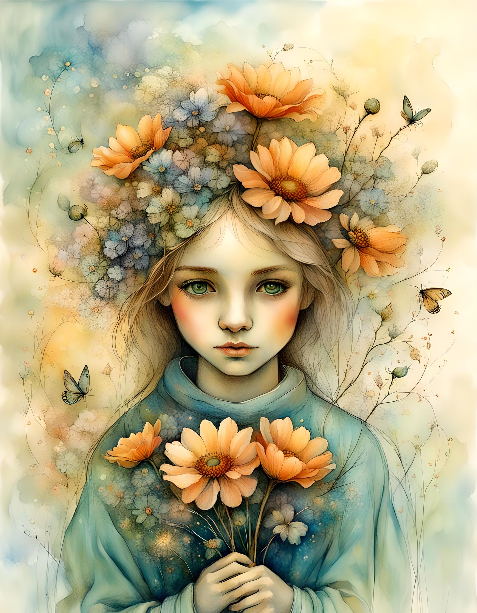 Happy Girl with Flowers in Visionary Style