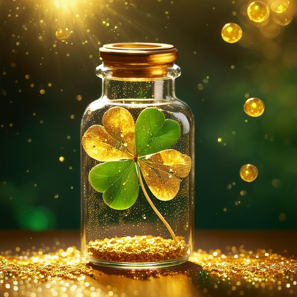 Golden Four-Leaf Clover in Glass Vial, Hyperrealistic
