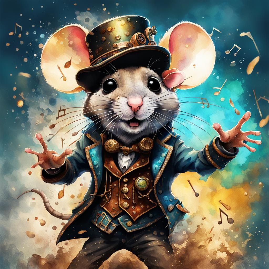 Steampunk Mouse Grooving: A Digital Watercolor Illustration