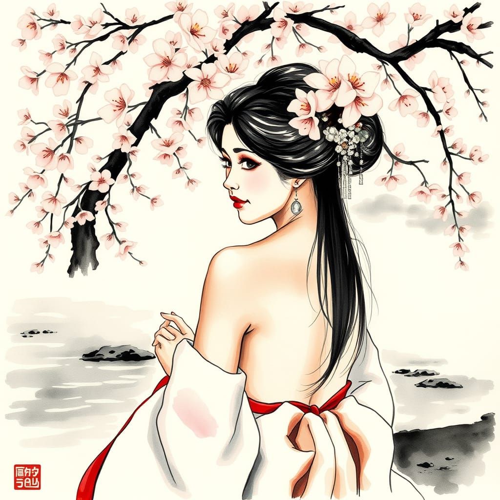 Classic Japanese Watercolor Geisha Under Cherry Blossoms