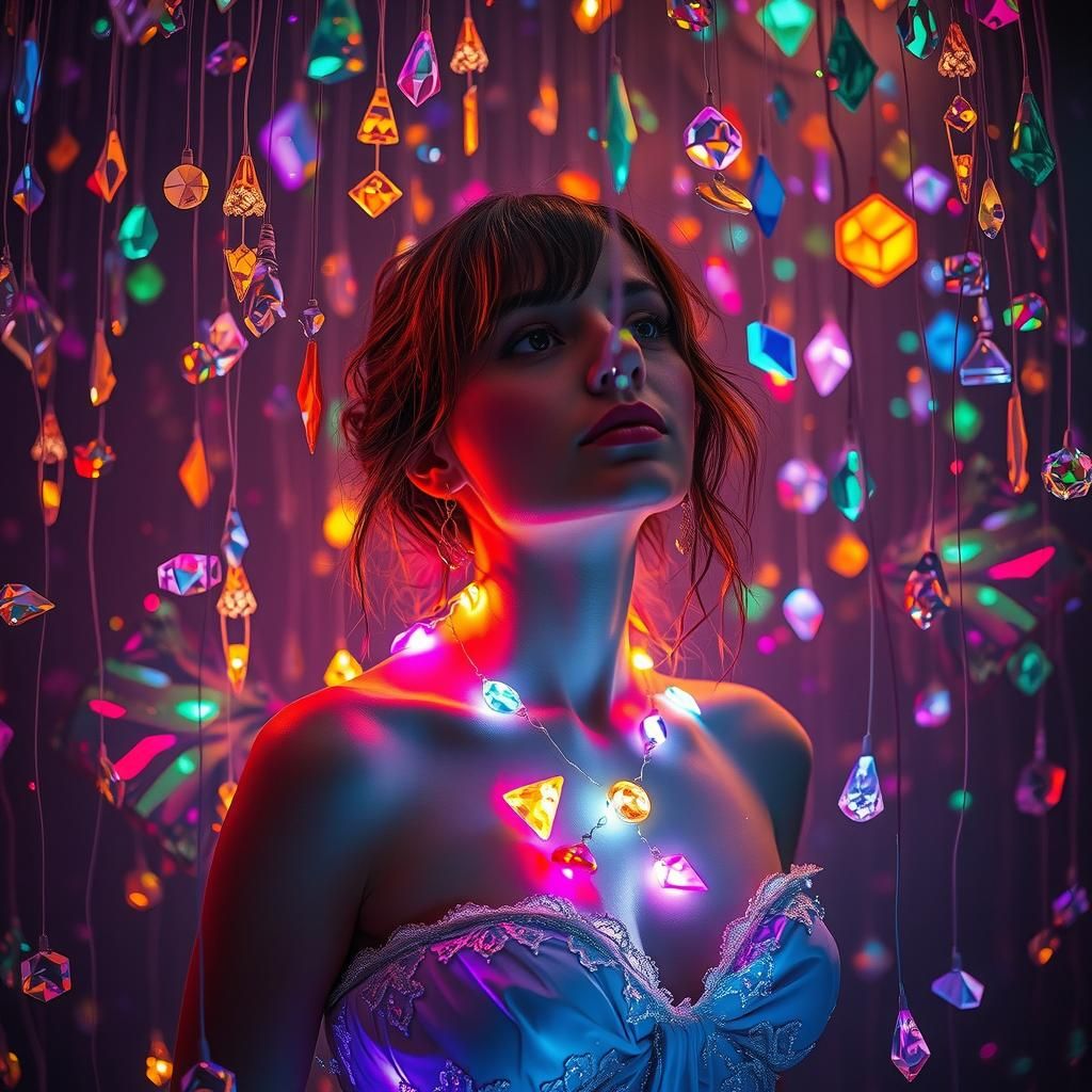 Ethereal Woman Surrounded by Magical Gemstones
