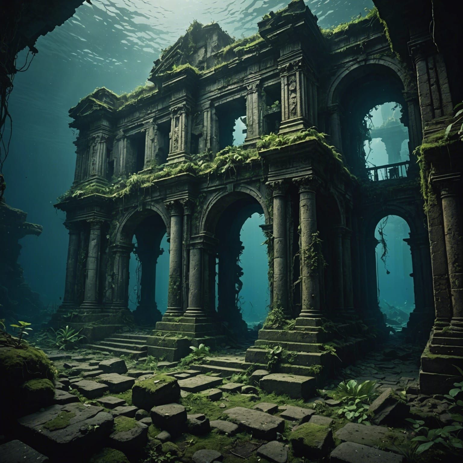 Underwater Lost Civilization Ruins in Dark Academia Style