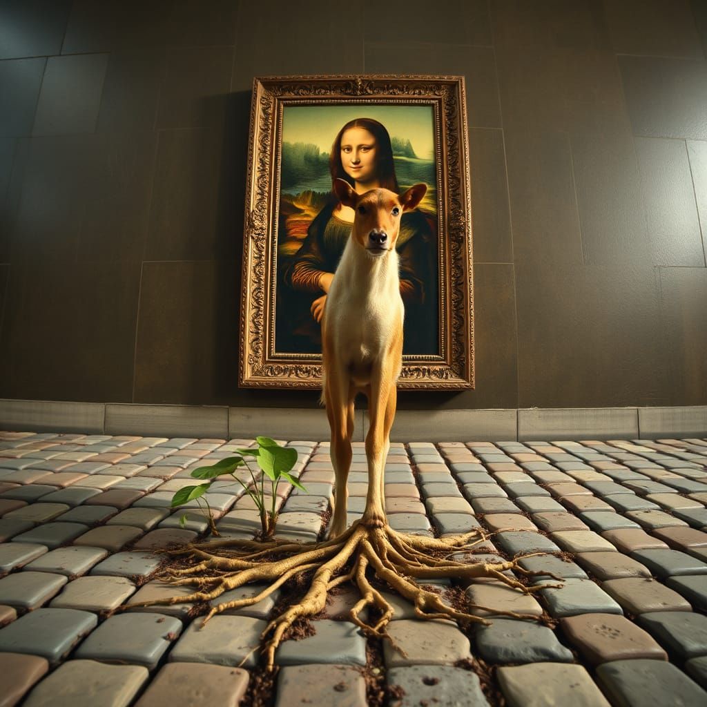 Man Rooted to Mona Lisa, Hyperrealistic Detail