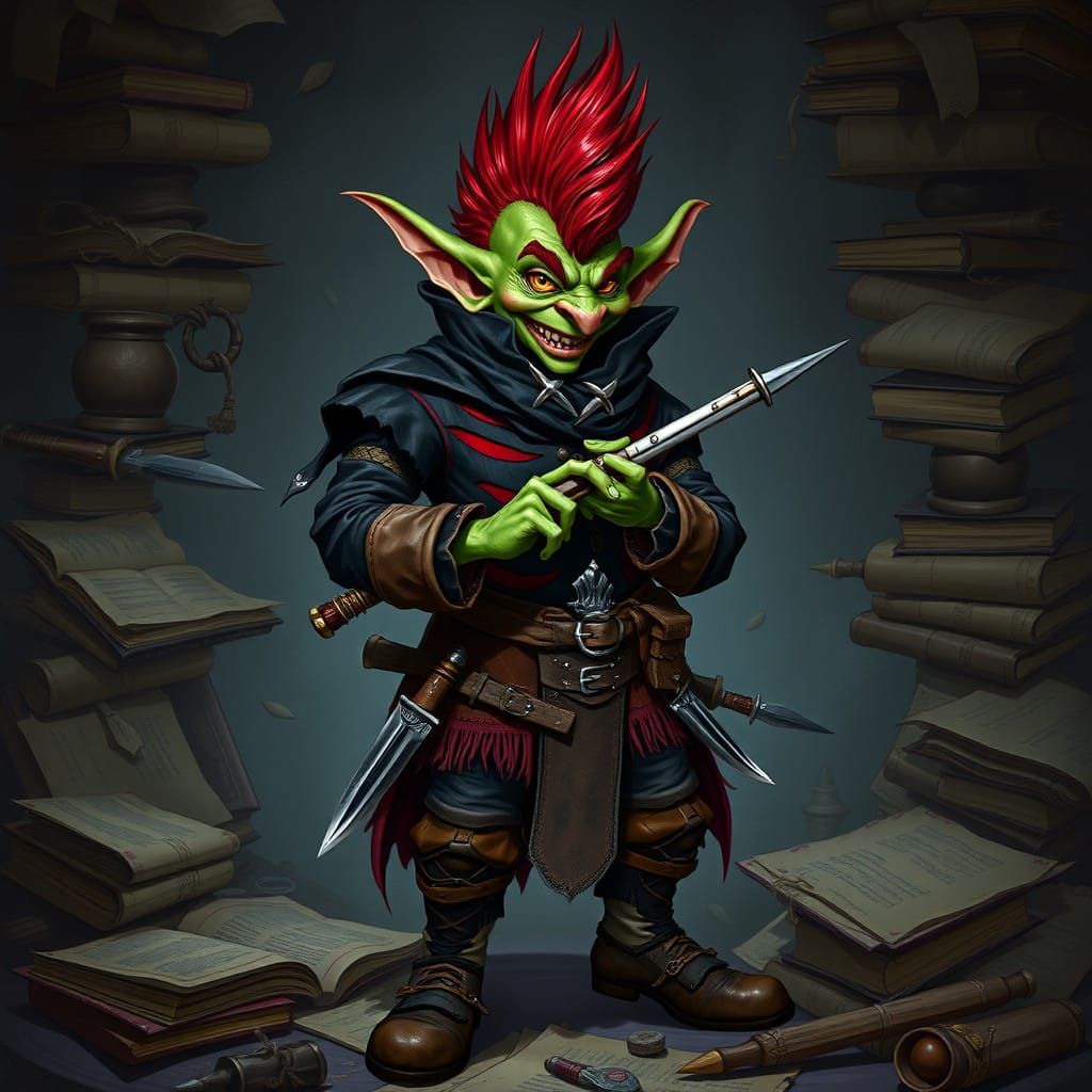 Mysterious Goblin Bard Amidst Ancient Tomes