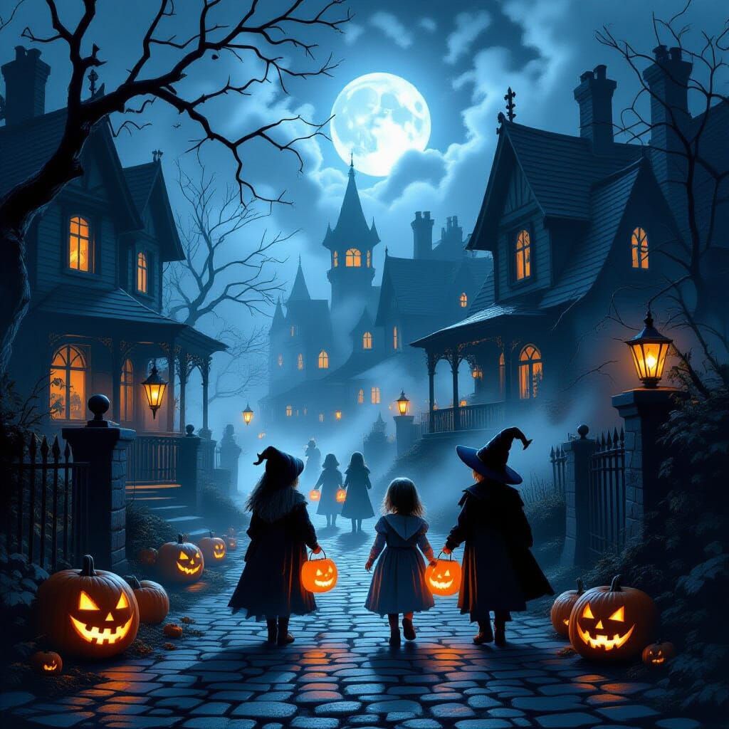 Haunting Halloween Night with Eerie Costumes and Glowing Can...