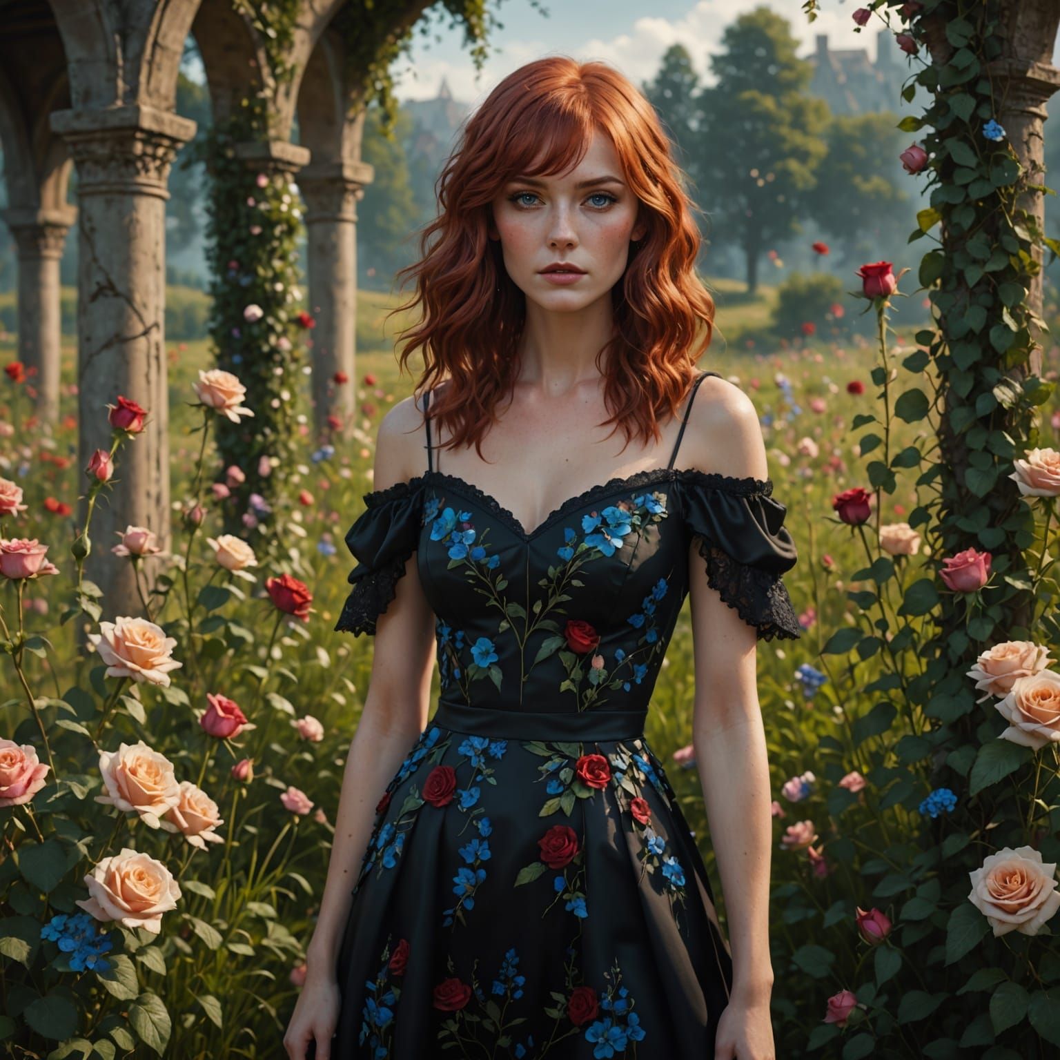 Redhead in Rose Meadow: Detailed Matte Painting