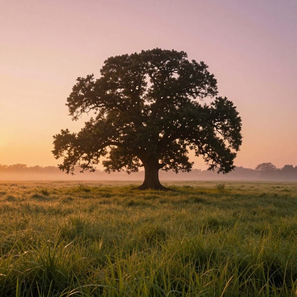 Ancient Oak Tree in Golden Meadow at Dawn