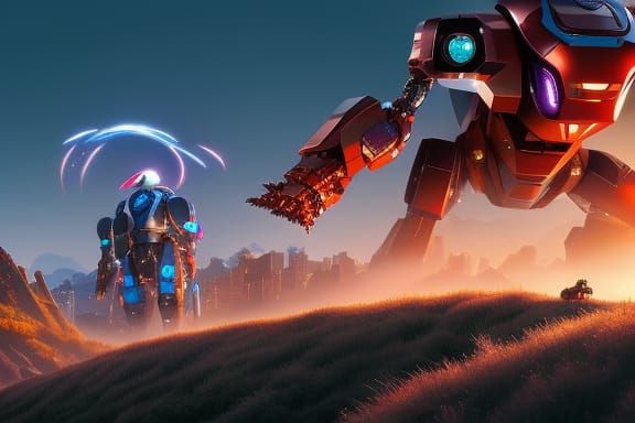 Mecha Robot Fighting Kaiju in Ghibli Anime Style