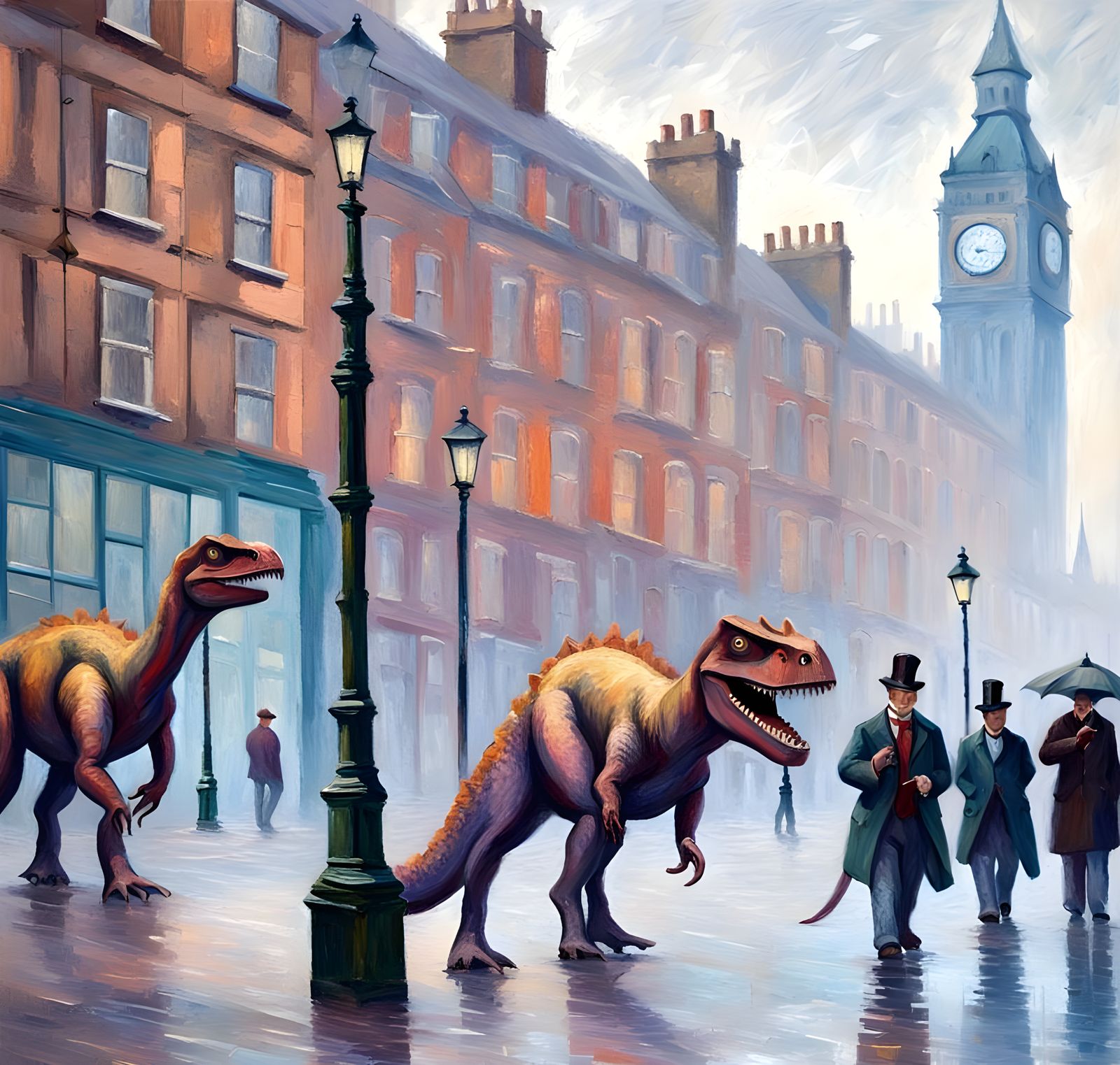 Dinosaurs Emerging from 19th Century London Fog