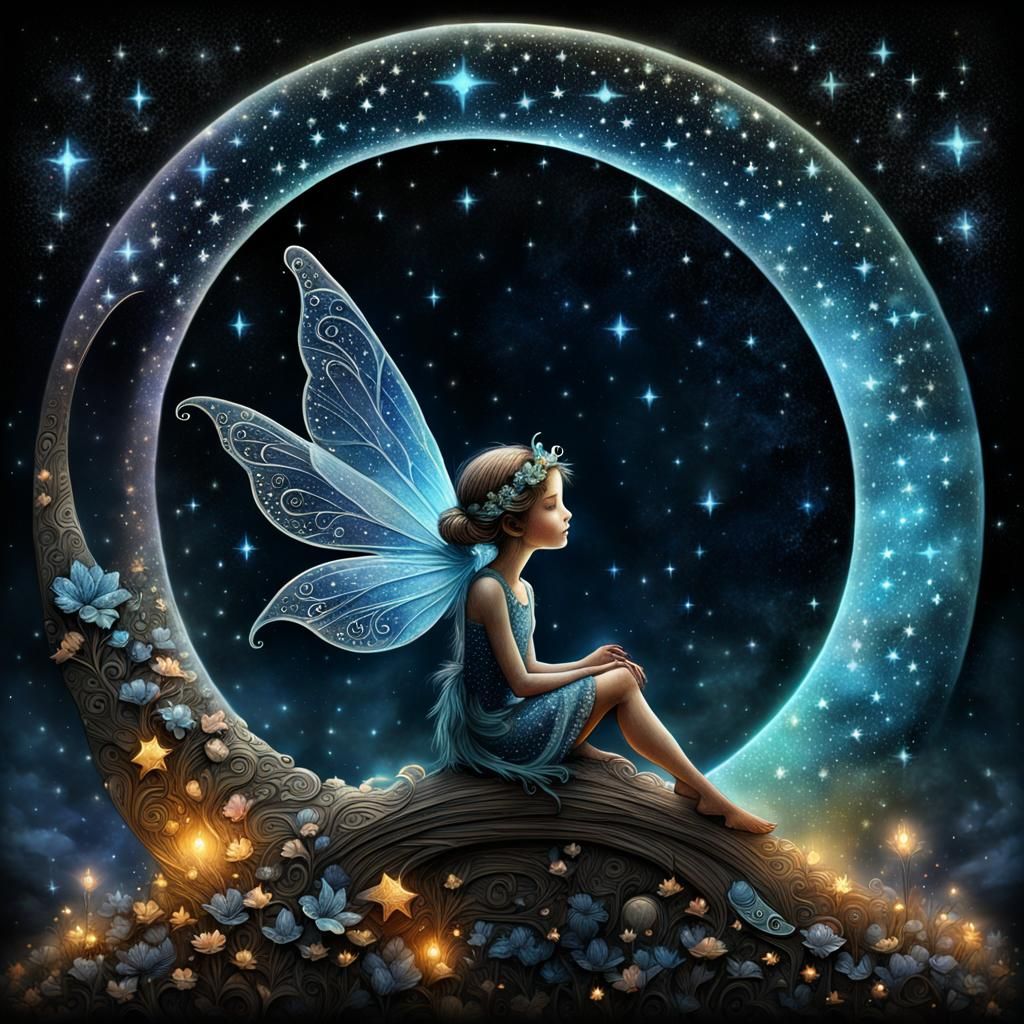 Adorable Fairy on Crescent Moon in Starry Night