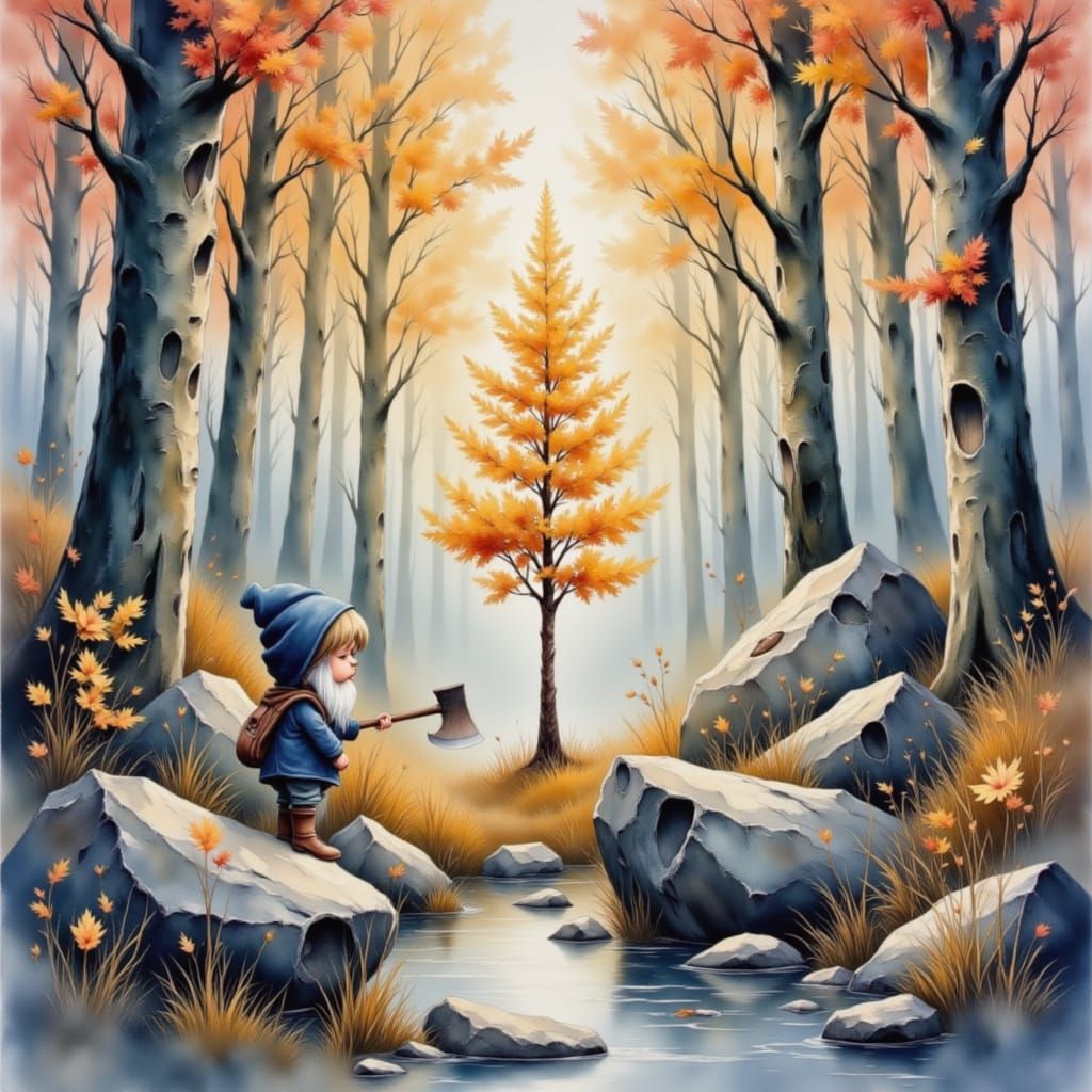 Tiny Gnome Chops Tree in Misty Forest Watercolor