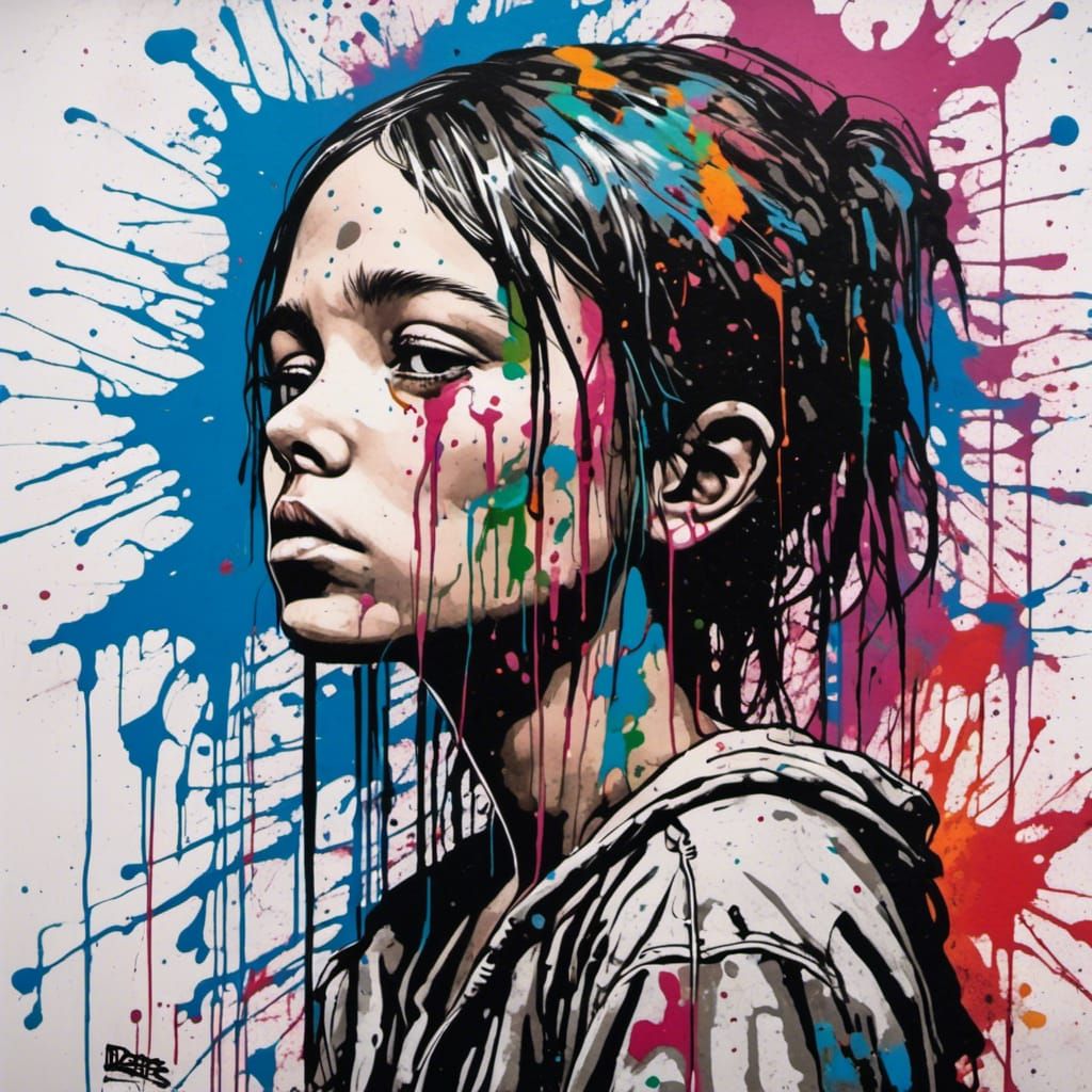 Sad Girl in Colorful Splatter Graffiti Art