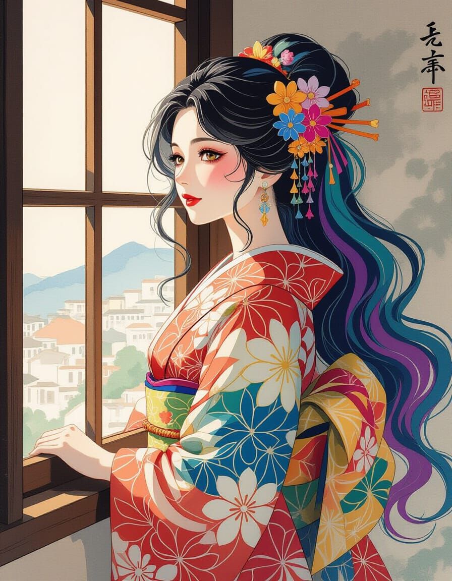 Woman in Kimono, Ukiyo-e Style with Impressionistic Elements