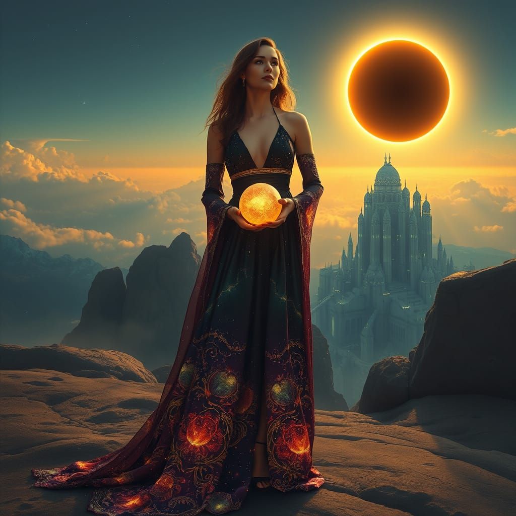 Woman in Galaxy Gown Amidst Crystalline City