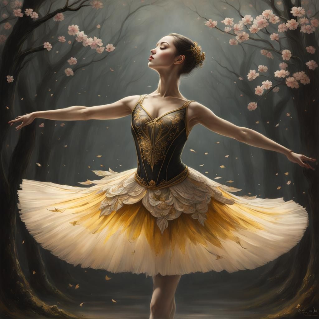 Ballerina in Dramatic Pose with Blossom Backdrop