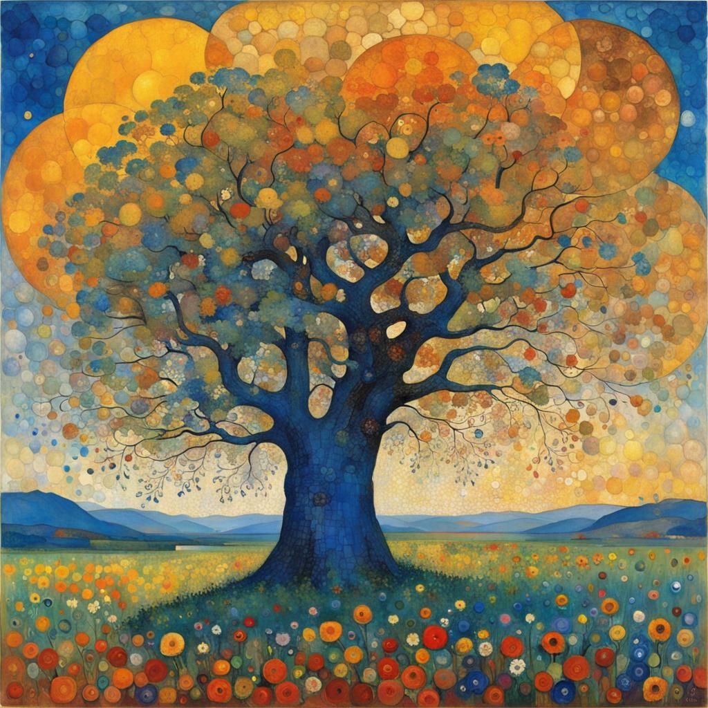 Swirling Tree in Wildflower Field: Impasto Cubism