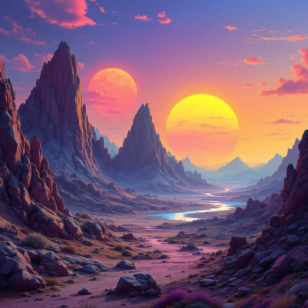 Serene Duality: A Futuristic Alien World at Sunset