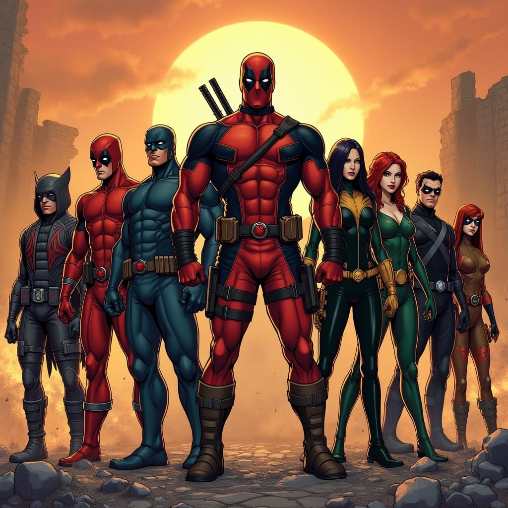 Superhero Team Assembled on Battlefield in Comic Book Style